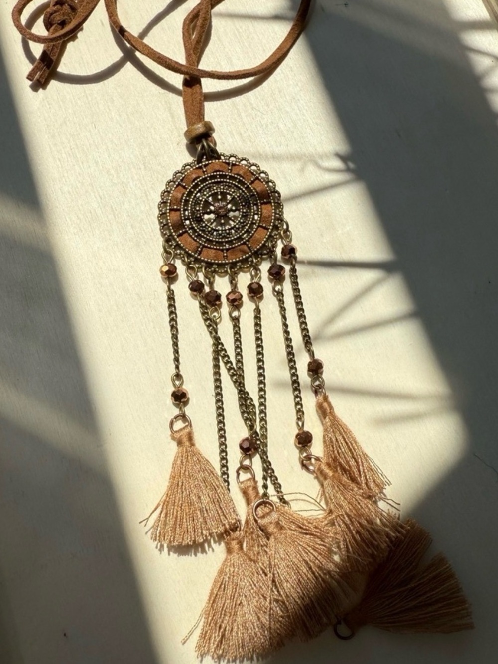 Anthropologie Vintage Ethnic Wheel Tassel Long Necklace